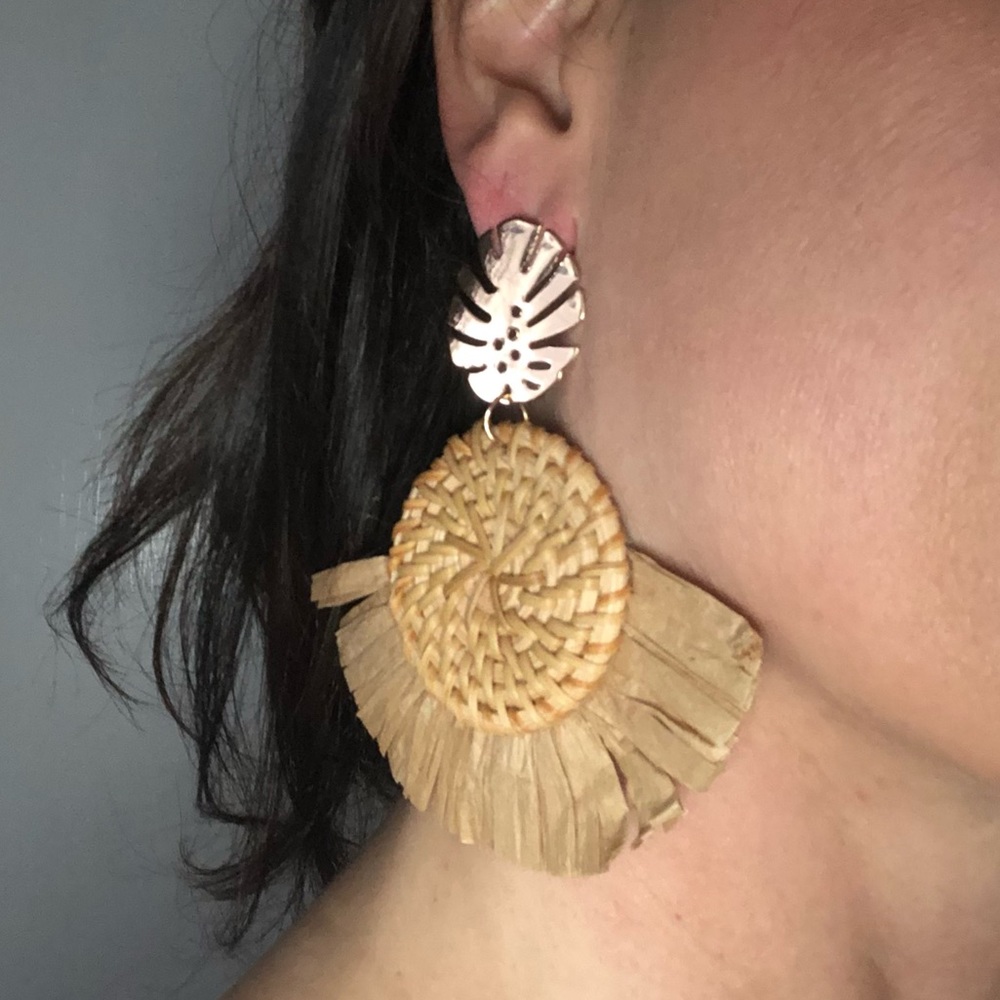 Large boho, rattan and gold, lightweight statement earrings!